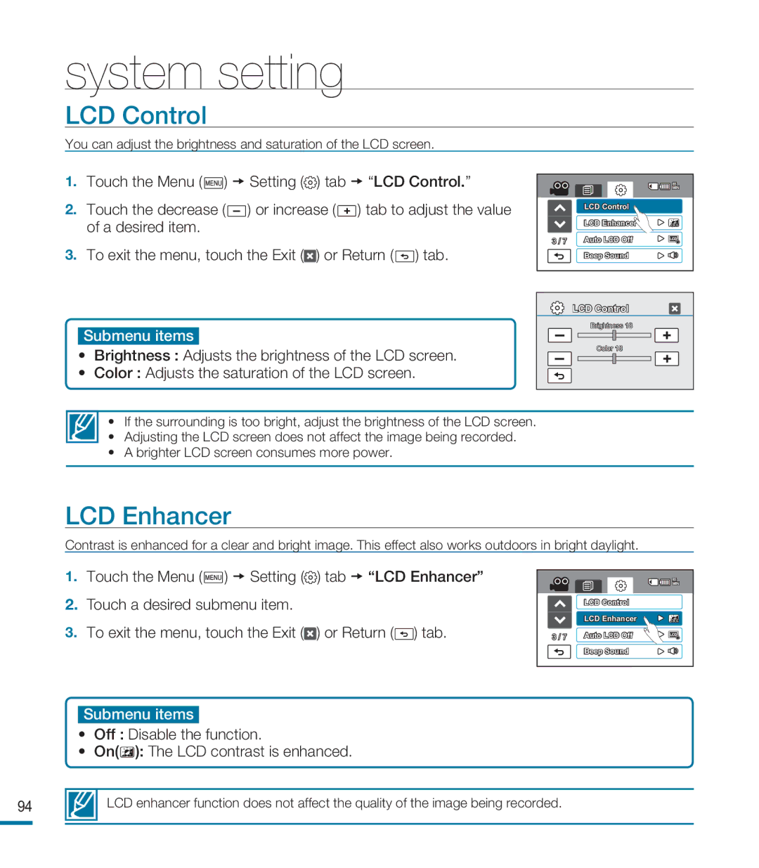 Samsung HMX-M20SN user manual LCD Control, LCD Enhancer, Off Disable the function On The LCD contrast is enhanced 