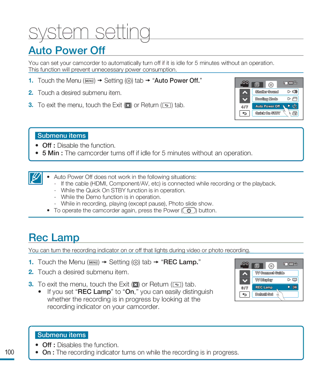 Samsung HMX-M20BP/EDC, HMX-M20SP/EDC, HMX-M20BP/XER manual Auto Power Off, Rec Lamp 