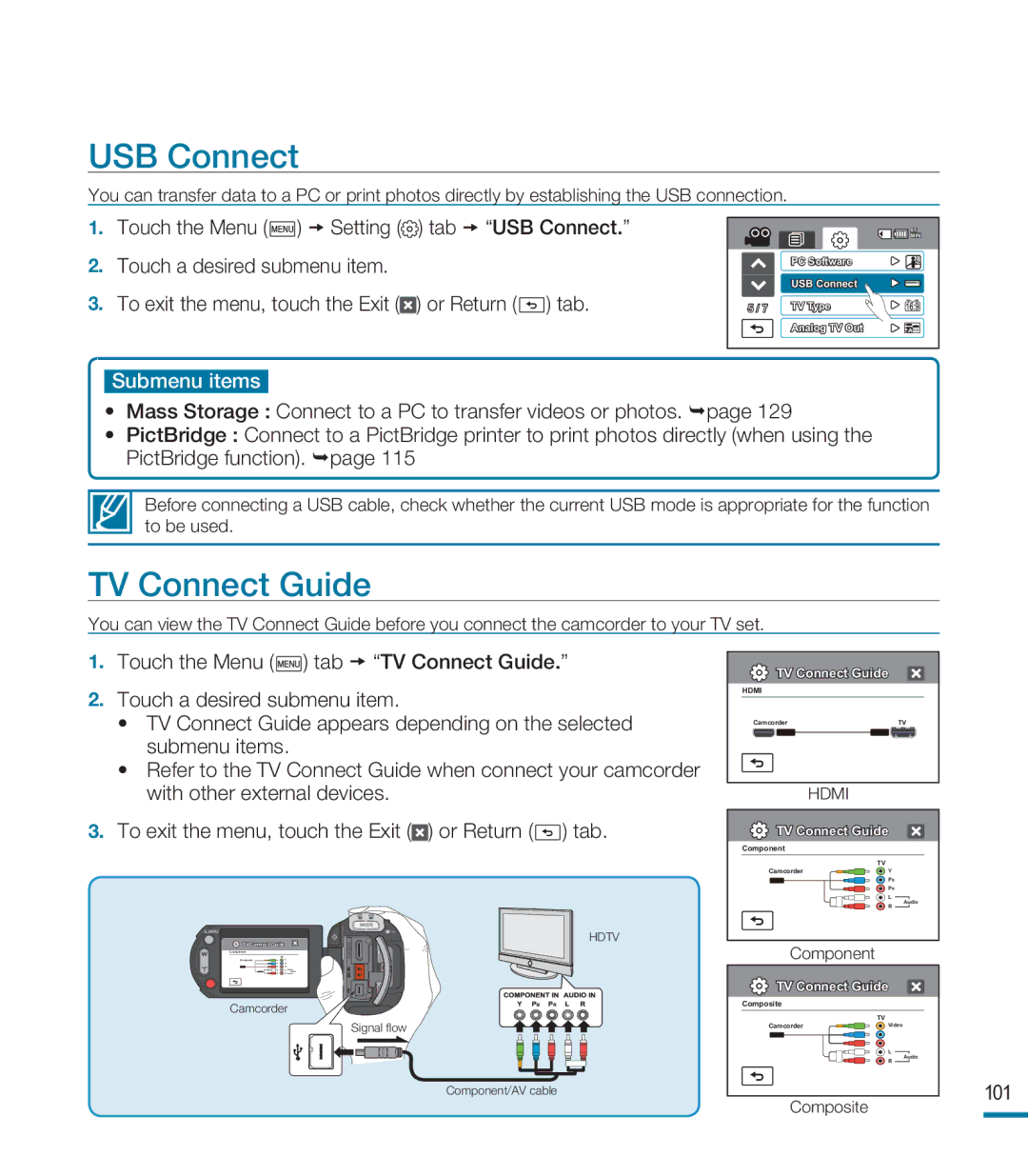 Samsung HMX-M20BP/XER, HMX-M20SP/EDC, HMX-M20BP/EDC manual USB Connect, TV Connect Guide 