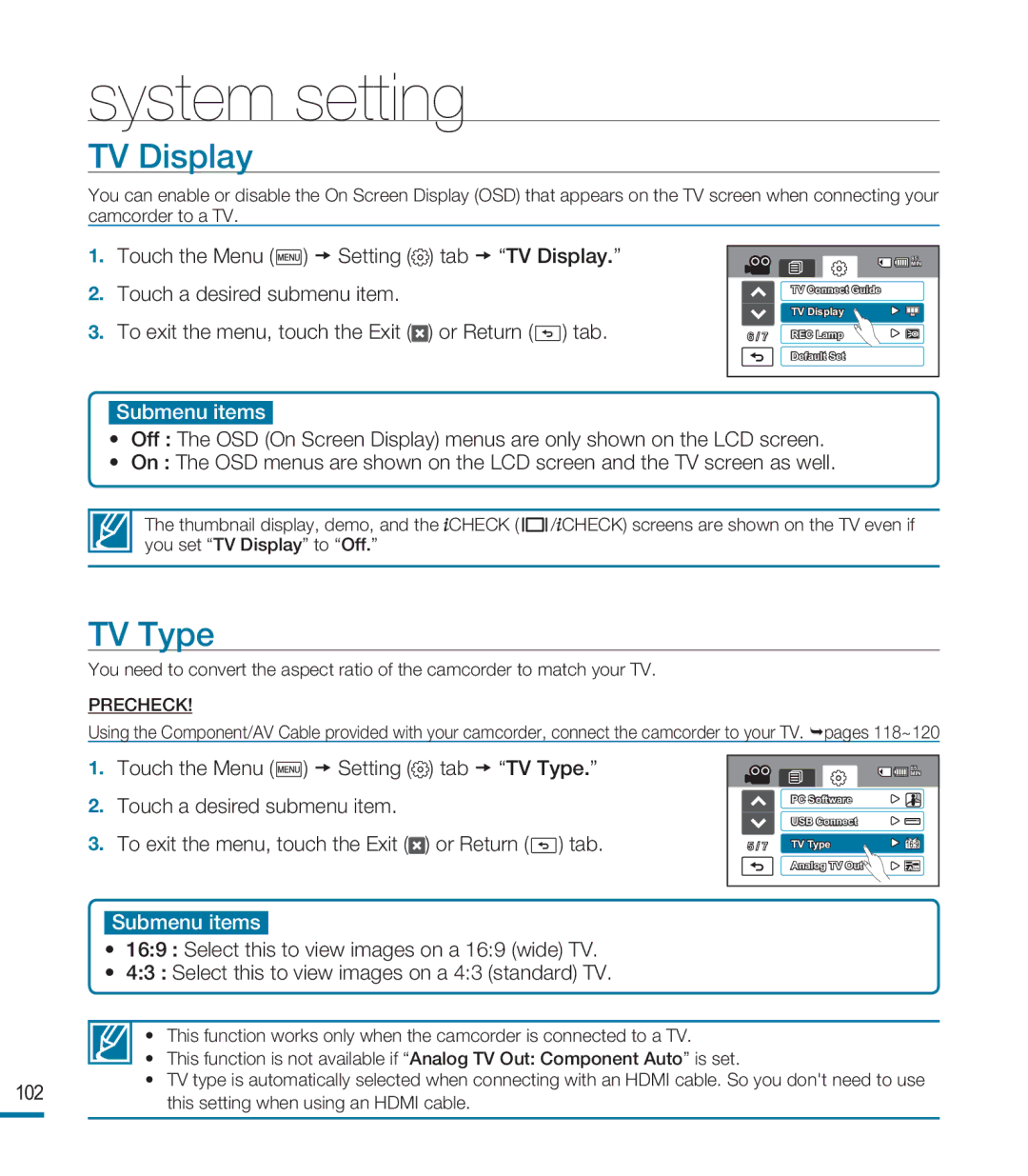 Samsung HMX-M20SP/EDC, HMX-M20BP/EDC, HMX-M20BP/XER manual TV Display, Touch the Menu Setting Tab TV Type 