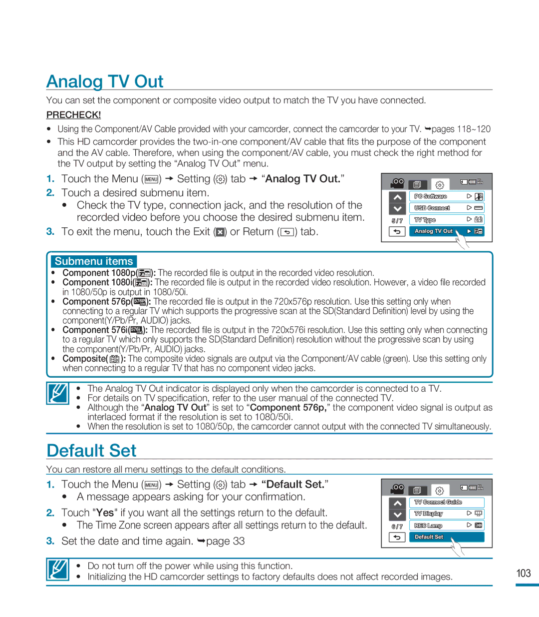 Samsung HMX-M20BP/EDC, HMX-M20SP/EDC, HMX-M20BP/XER manual Analog TV Out, Default Set, Set the date and time again 