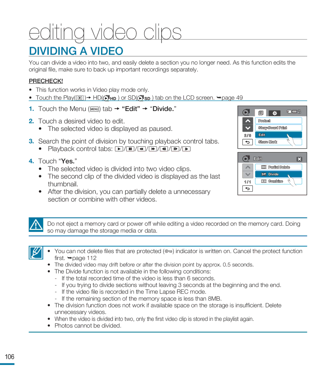 Samsung HMX-M20BP/EDC, HMX-M20SP/EDC, HMX-M20BP/XER manual Dividing a Video, 106 