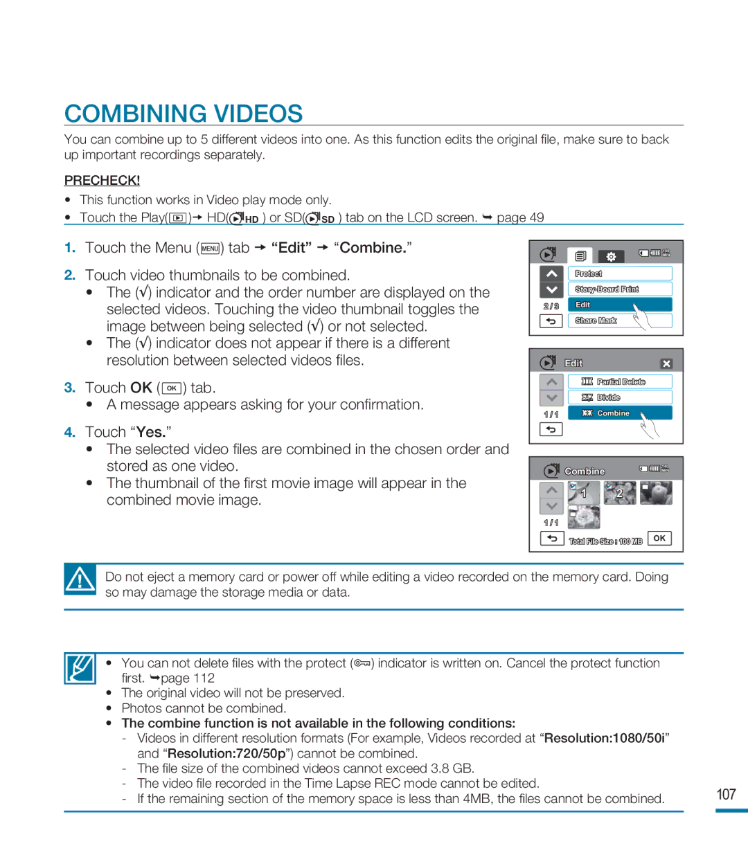 Samsung HMX-M20BP/XER, HMX-M20SP/EDC, HMX-M20BP/EDC manual Combining Videos 