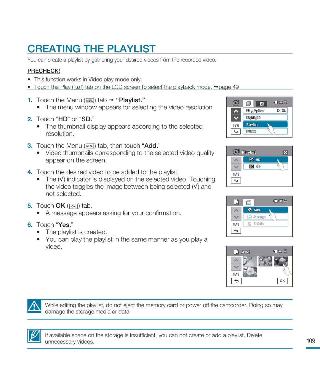 Samsung HMX-M20BP/EDC, HMX-M20SP/EDC, HMX-M20BP/XER manual Creating the Playlist, 109 