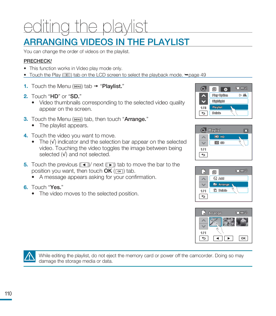 Samsung HMX-M20BP/XER, HMX-M20SP/EDC, HMX-M20BP/EDC manual Arranging Videos in the Playlist, 110 