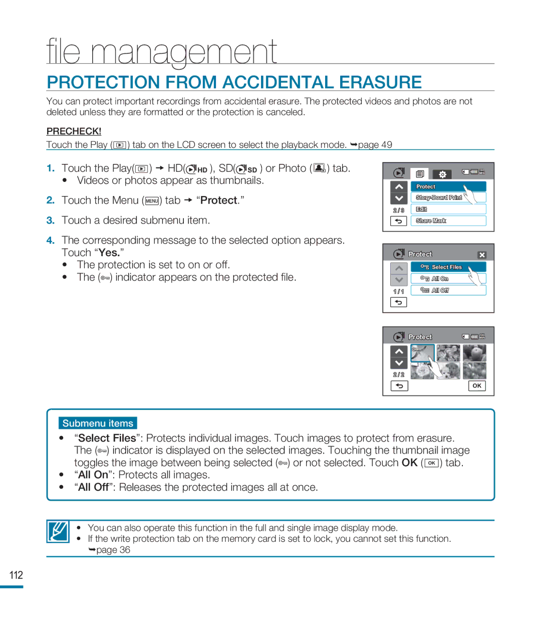 Samsung HMX-M20BP/EDC, HMX-M20SP/EDC, HMX-M20BP/XER manual ﬁle management, Protection from Accidental Erasure 