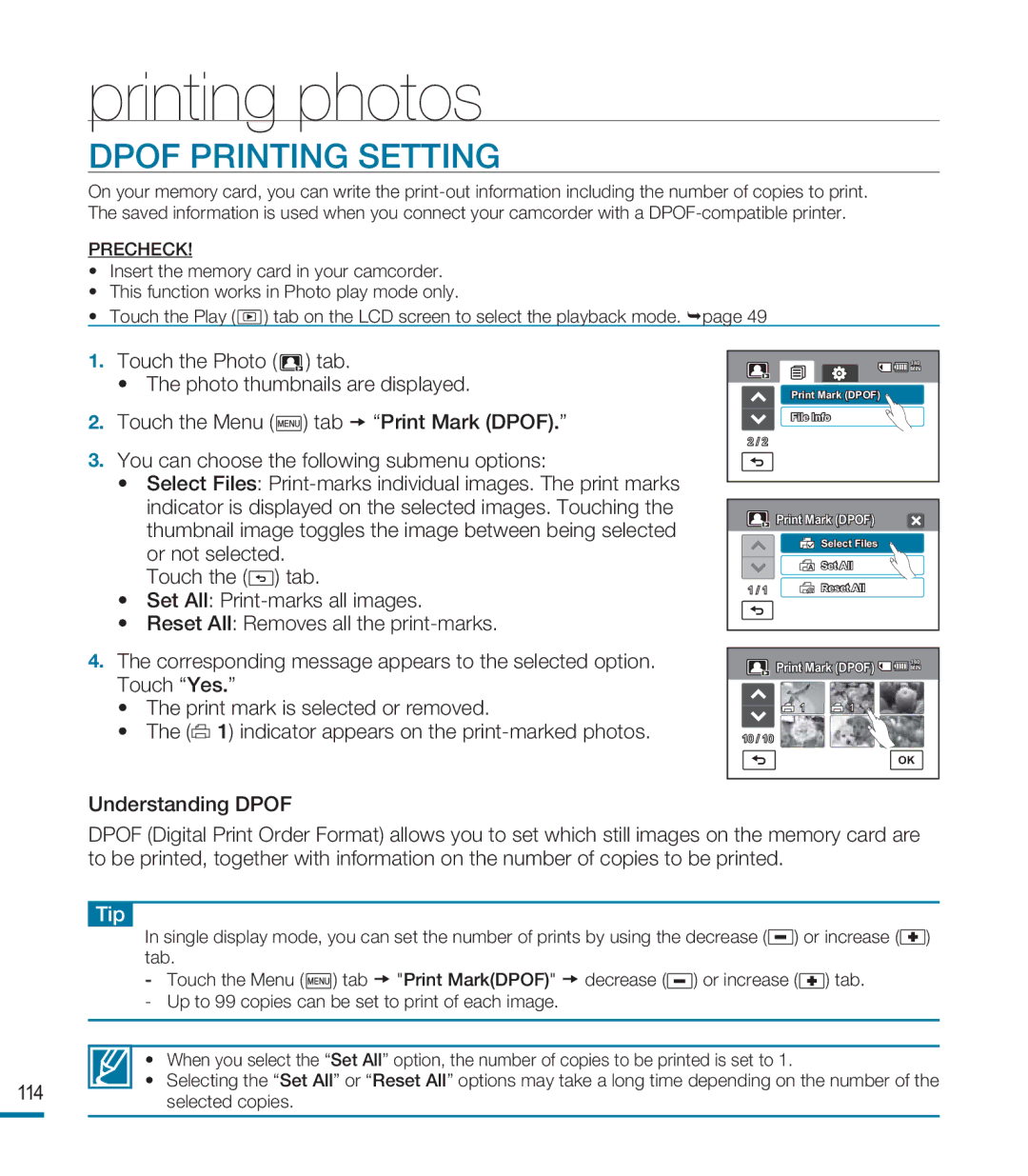 Samsung HMX-M20SP/EDC, HMX-M20BP/EDC, HMX-M20BP/XER manual Printing photos, Dpof Printing Setting 