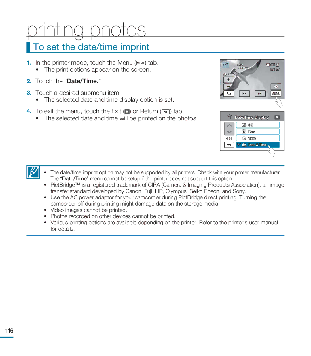 Samsung HMX-M20BP/XER, HMX-M20SP/EDC, HMX-M20BP/EDC manual To set the date/time imprint, 116 