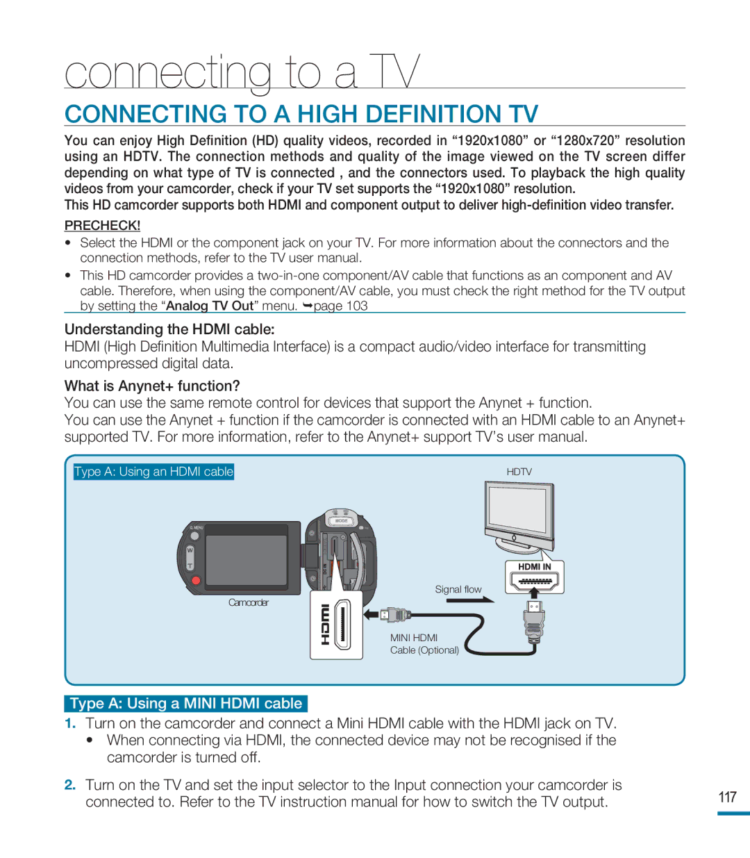 Samsung HMX-M20SP/EDC, HMX-M20BP/EDC, HMX-M20BP/XER manual Connecting to a TV, Connecting to a High Definition TV 