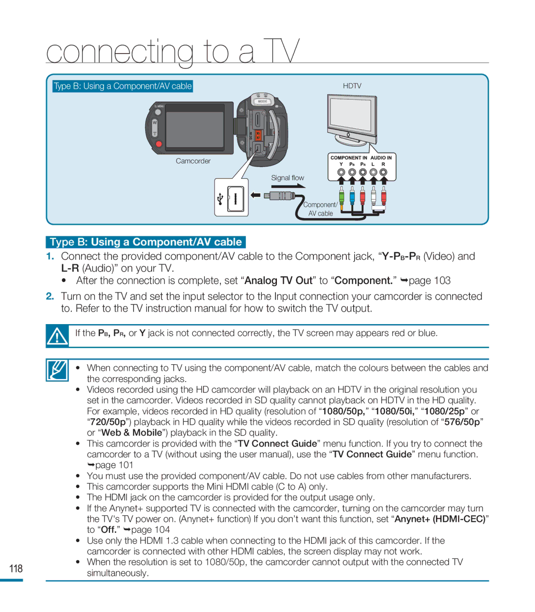 Samsung HMX-M20BP/EDC, HMX-M20SP/EDC, HMX-M20BP/XER manual Type B Using a Component/AV cable 