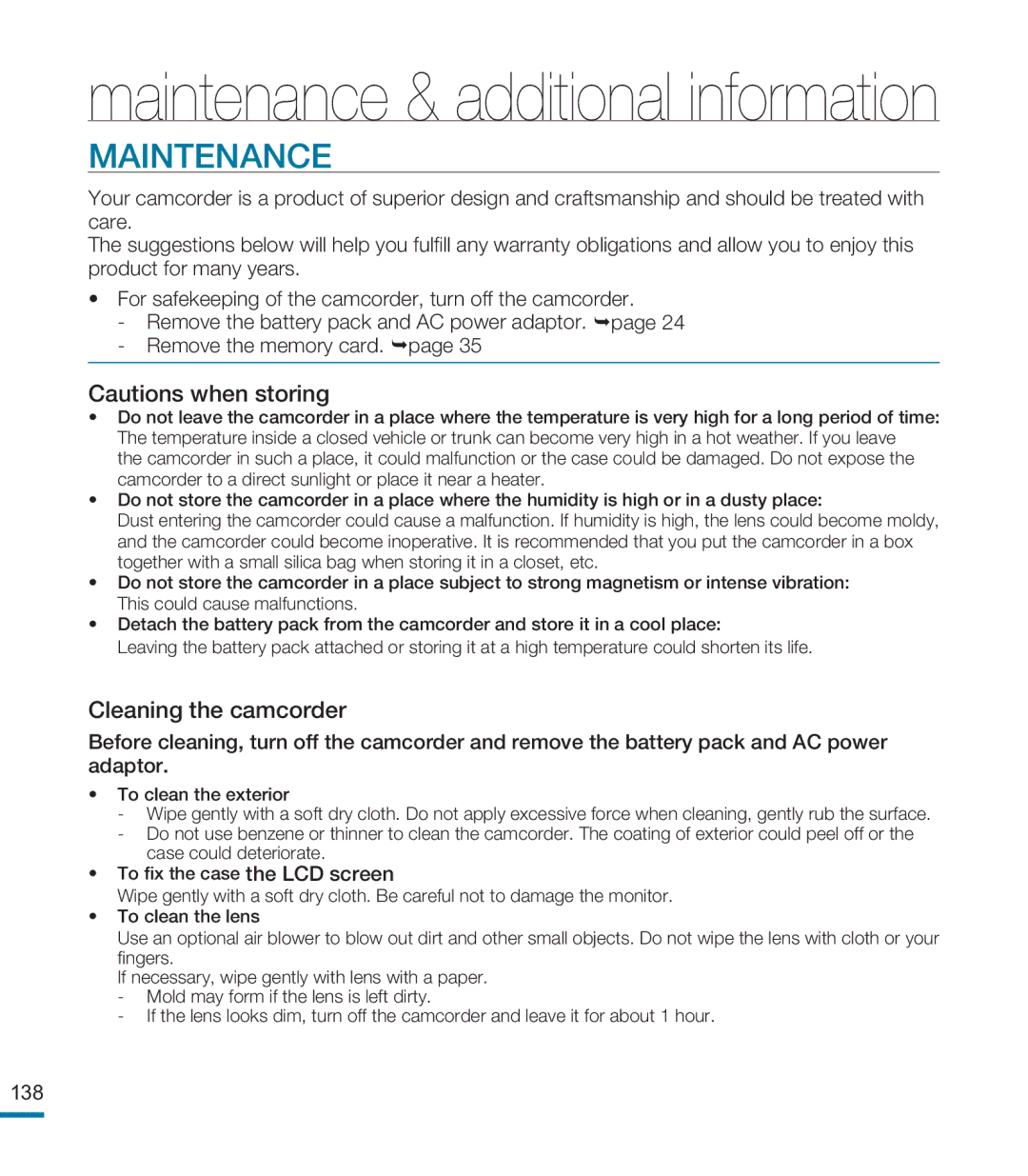 Samsung HMX-M20SP/EDC, HMX-M20BP/EDC, HMX-M20BP/XER manual Maintenance & additional information 