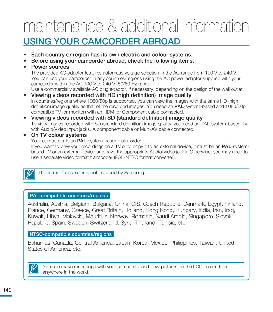 Samsung HMX-M20BP/XER, HMX-M20SP/EDC, HMX-M20BP/EDC manual Using Your Camcorder Abroad, On TV colour systems 