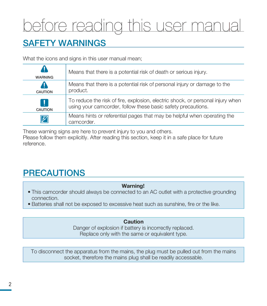 Samsung HMX-M20BP/XER, HMX-M20SP/EDC, HMX-M20BP/EDC manual Safety Warnings, Precautions, Product 