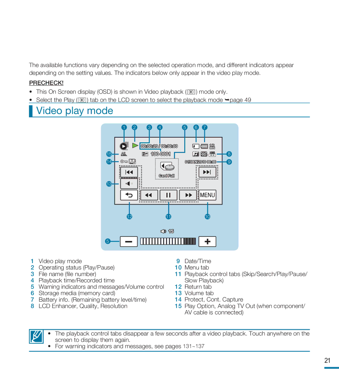 Samsung HMX-M20SP/EDC, HMX-M20BP/EDC, HMX-M20BP/XER manual Video play mode 