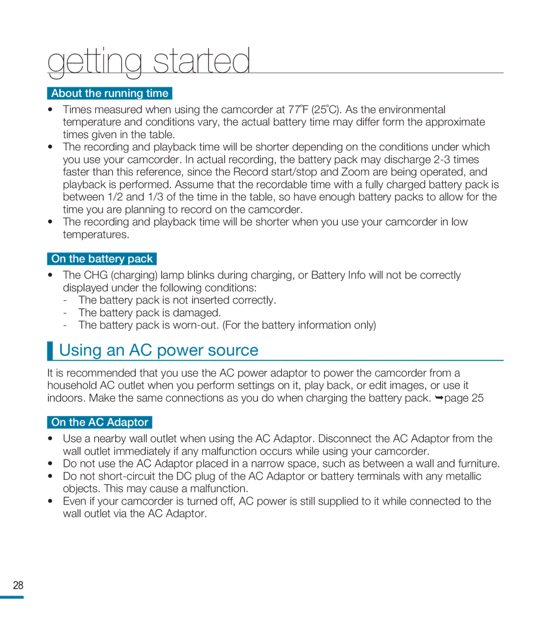 Samsung HMX-M20BP/EDC, HMX-M20SP/EDC, HMX-M20BP/XER manual Using an AC power source, About the running time 