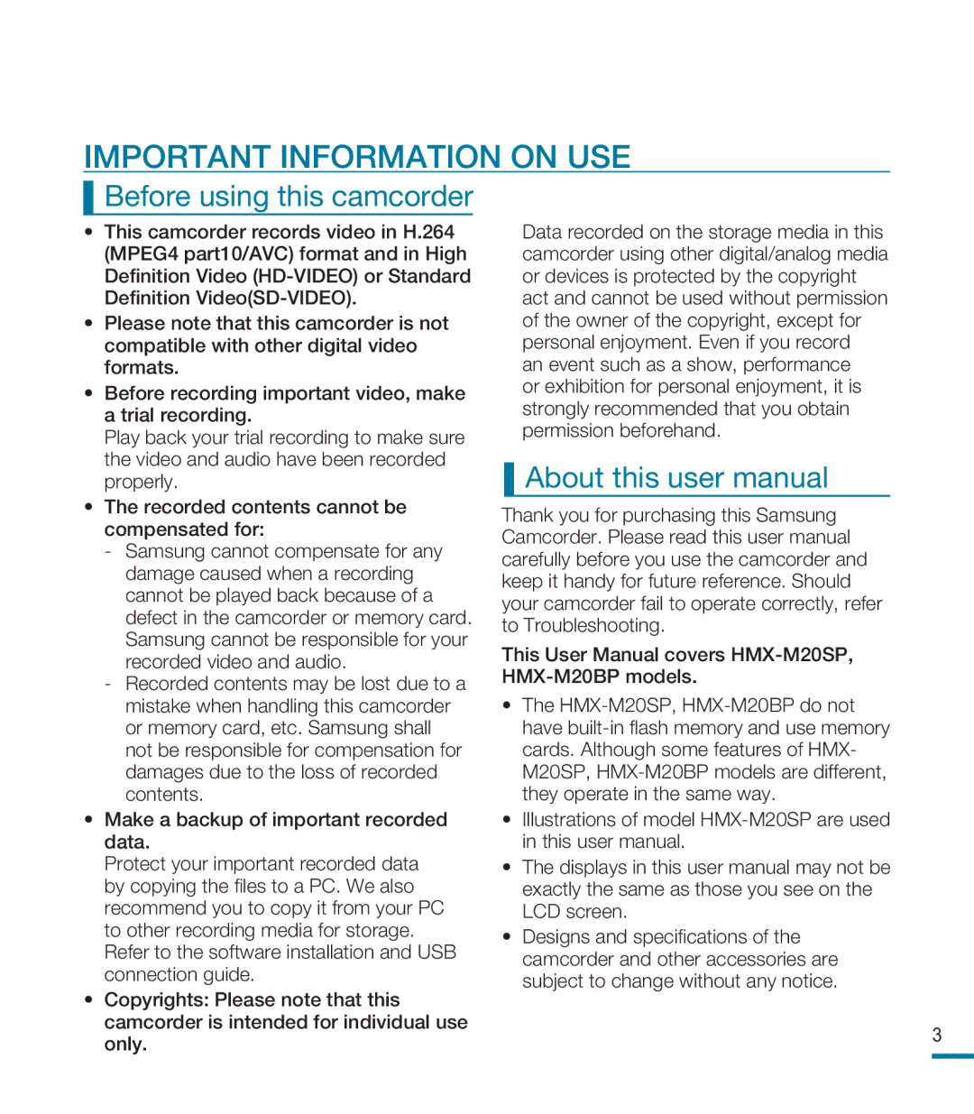 Samsung HMX-M20SP/EDC, HMX-M20BP/EDC, HMX-M20BP/XER manual Important Information on USE, Before using this camcorder 