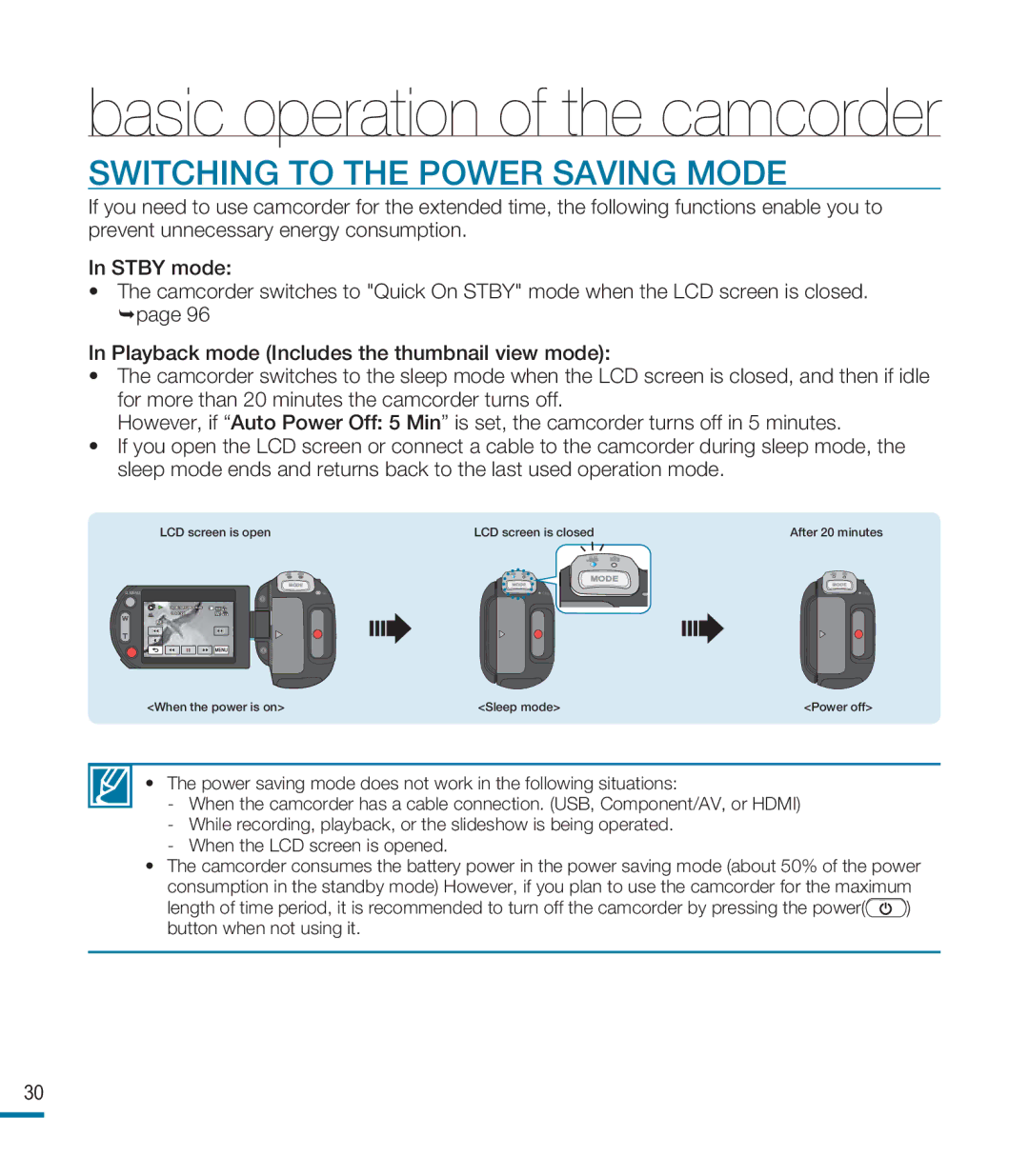 Samsung HMX-M20SP/EDC, HMX-M20BP/EDC, HMX-M20BP/XER manual Switching to the Power Saving Mode 