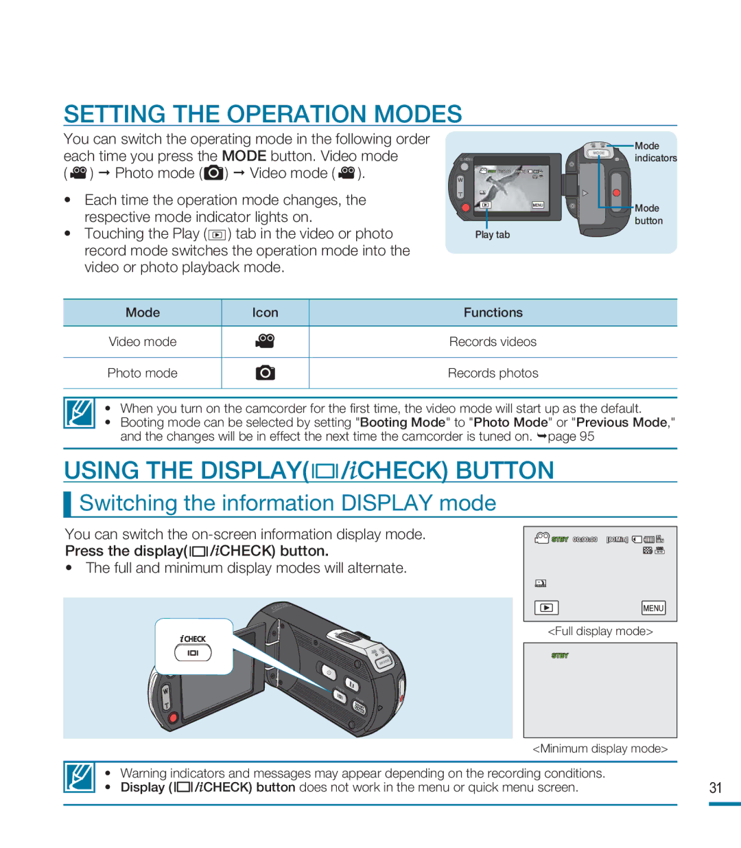 Samsung HMX-M20BP/EDC, HMX-M20SP/EDC, HMX-M20BP/XER manual Setting the Operation Modes, Using the Display / Check Button 