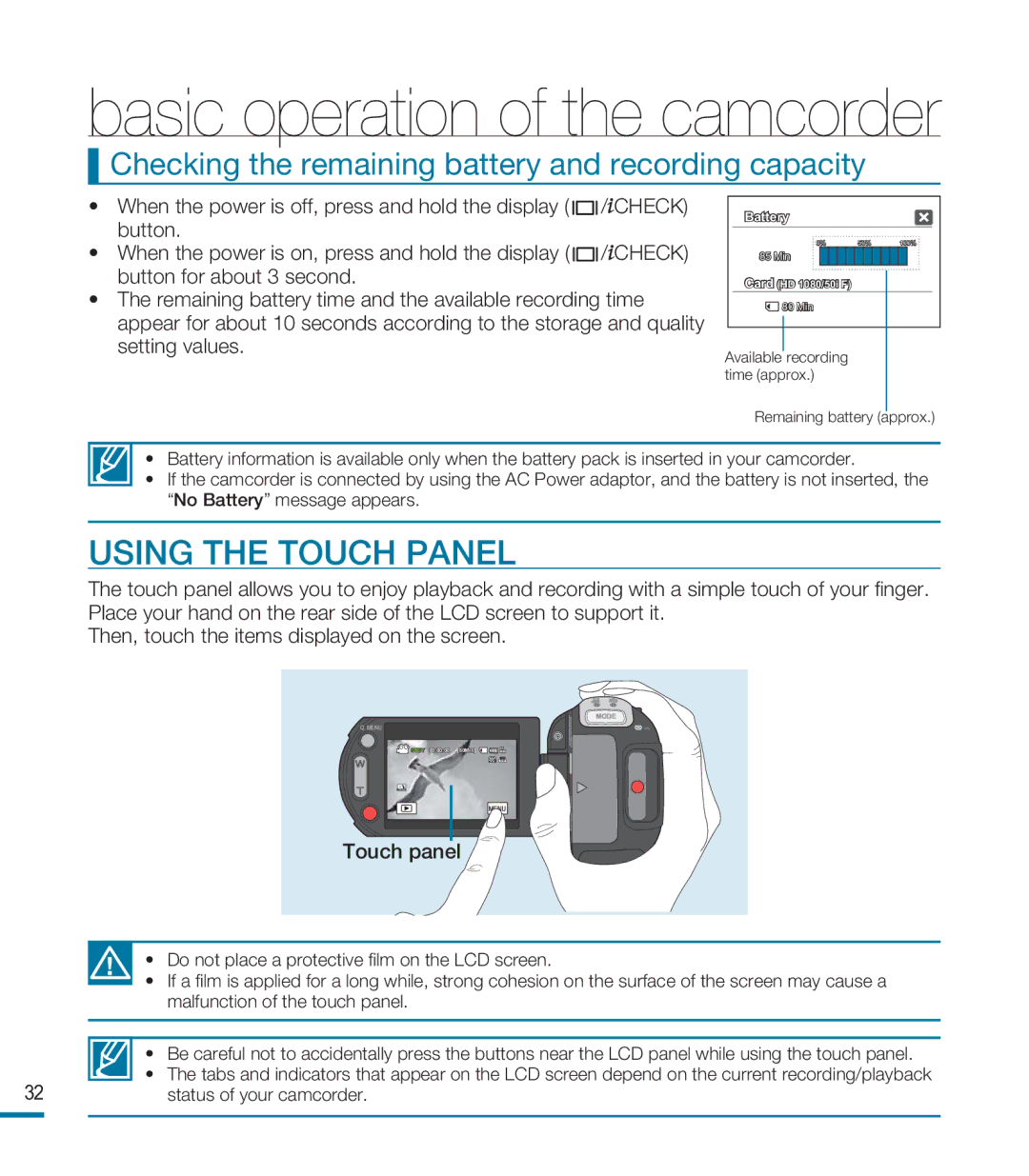 Samsung HMX-M20BP/XER manual Using the Touch Panel, Checking the remaining battery and recording capacity, Touch panel 