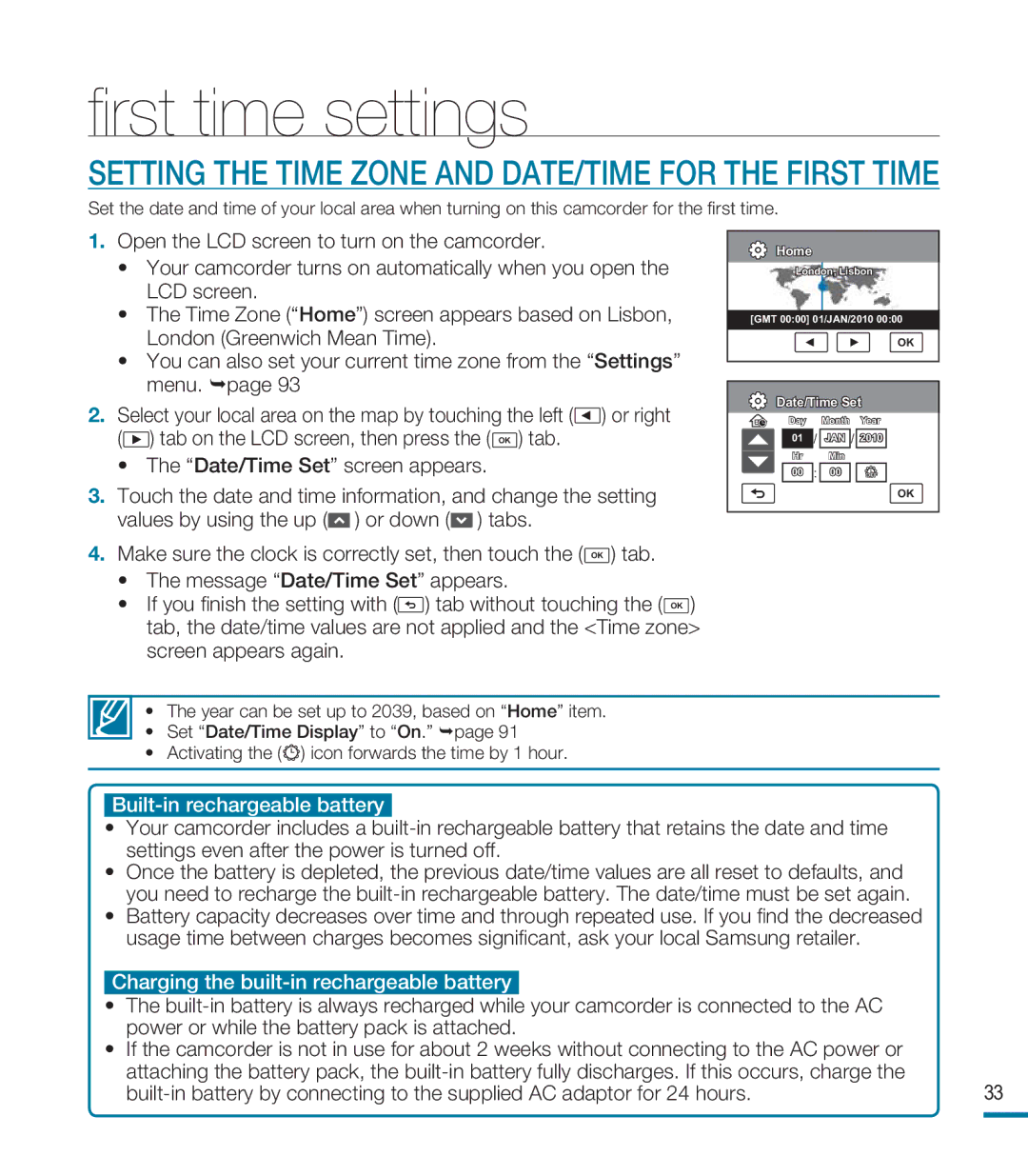 Samsung HMX-M20SP/EDC, HMX-M20BP/EDC manual ﬁrst time settings, Setting the Time Zone and DATE/TIME for the First Time 