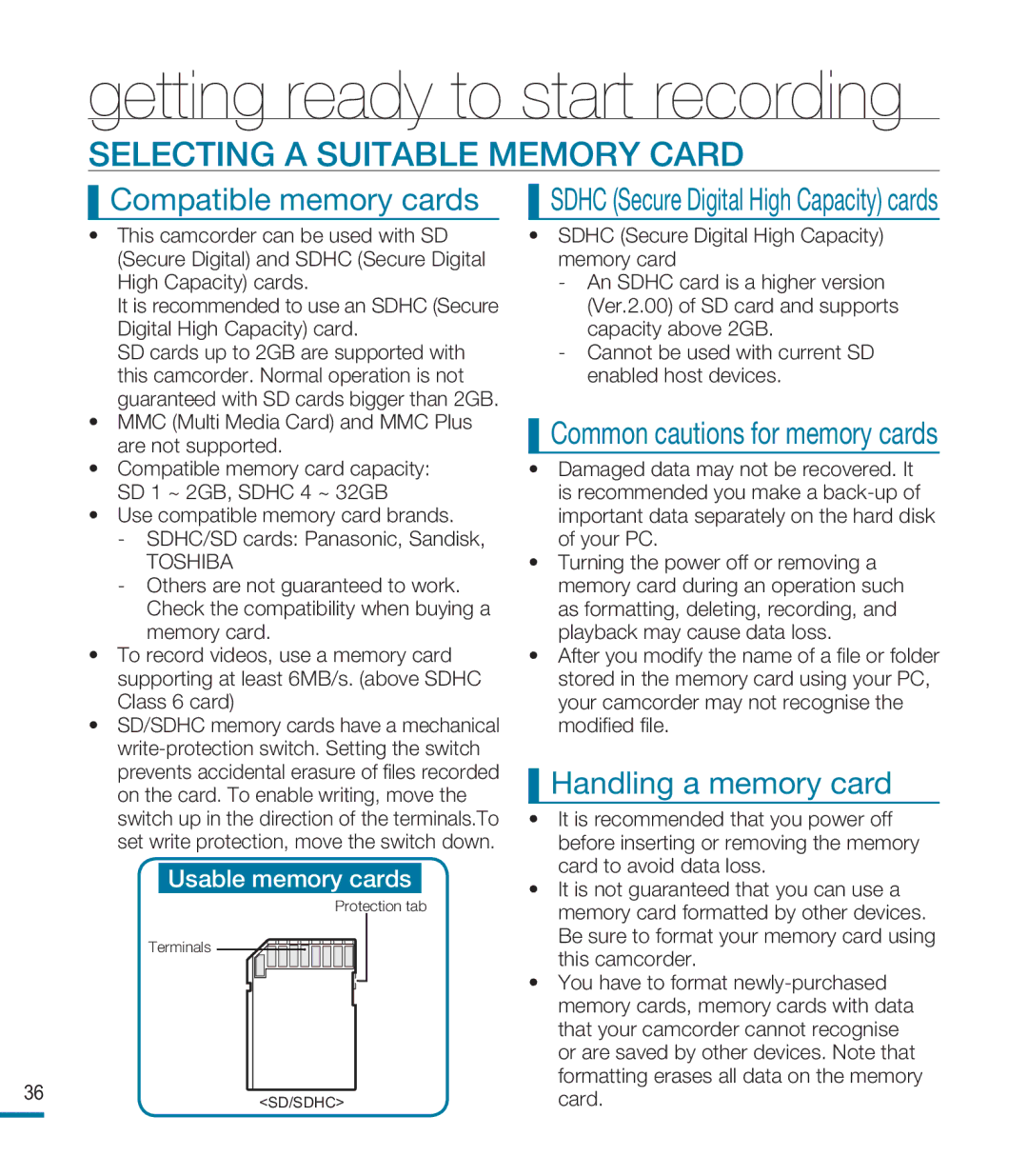 Samsung HMX-M20SP/EDC, HMX-M20BP/EDC Selecting a Suitable Memory Card, Compatible memory cards, Handling a memory card 