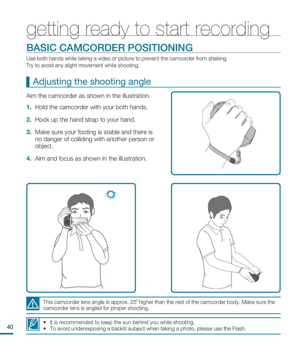 Samsung HMX-M20BP/EDC, HMX-M20SP/EDC, HMX-M20BP/XER manual Basic Camcorder Positioning, Adjusting the shooting angle 