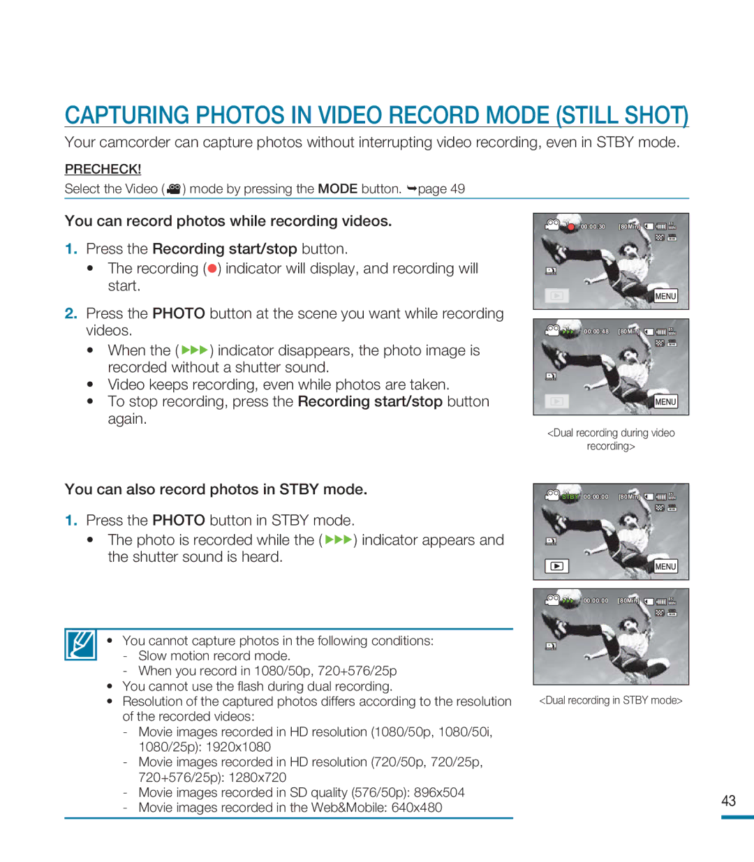 Samsung HMX-M20BP/EDC, HMX-M20SP/EDC manual Capturing Photos in Video Record Mode Still Shot, Shutter sound is heard 