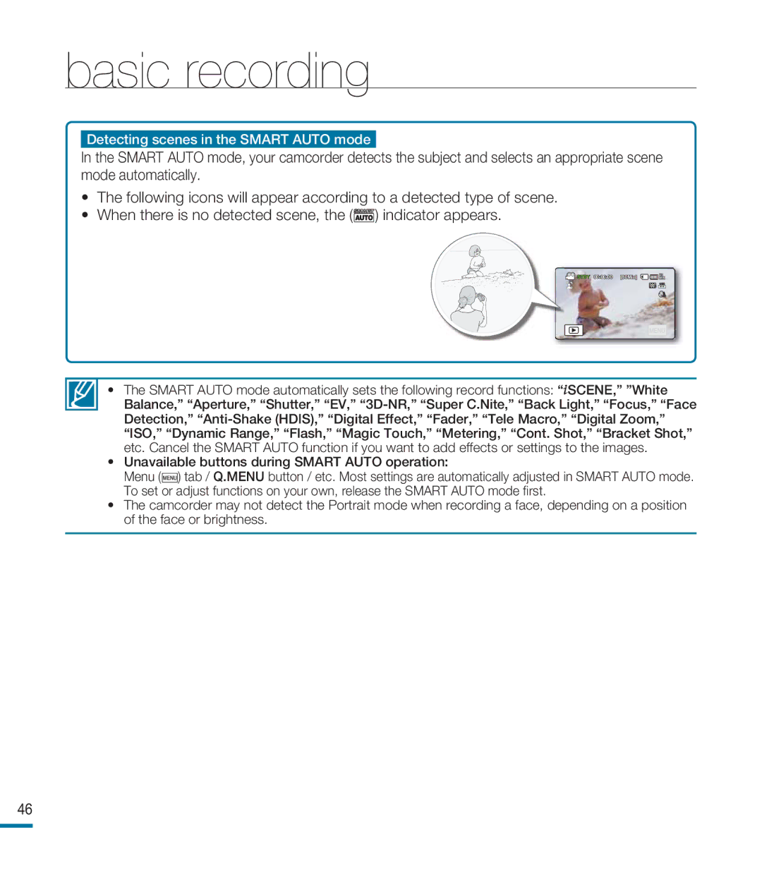 Samsung HMX-M20BP/EDC, HMX-M20SP/EDC, HMX-M20BP/XER manual Detecting scenes in the Smart Auto mode 