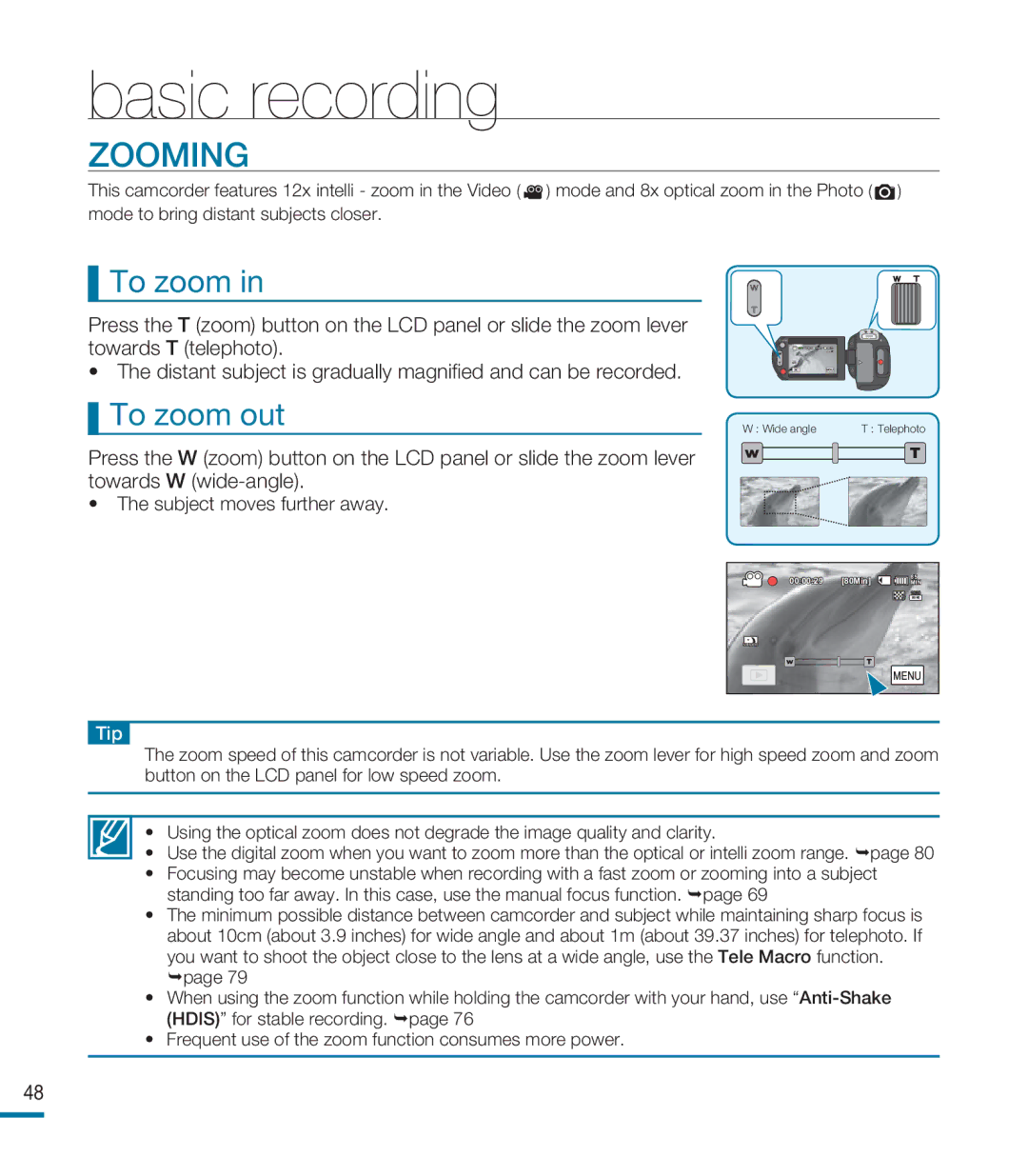 Samsung HMX-M20SP/EDC, HMX-M20BP/EDC, HMX-M20BP/XER manual Zooming, To zoom out 