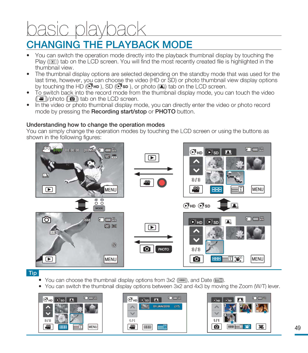 Samsung HMX-M20BP/EDC, HMX-M20SP/EDC, HMX-M20BP/XER manual Basic playback, Changing the Playback Mode 