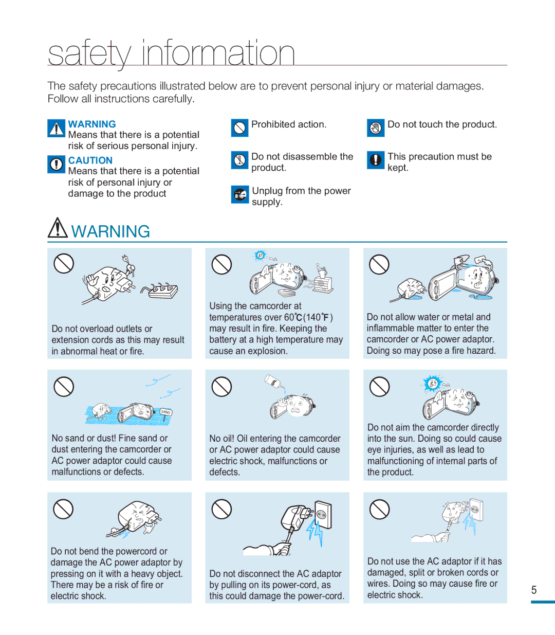 Samsung HMX-M20BP/XER, HMX-M20SP/EDC, HMX-M20BP/EDC manual Safety information 