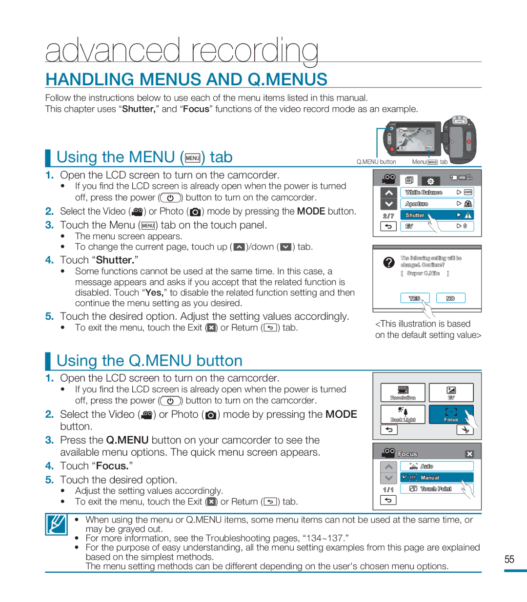 Samsung HMX-M20BP/EDC, HMX-M20SP/EDC, HMX-M20BP/XER Advanced recording, Handling Menus and Q.MENUS, Using the Q.MENU button 