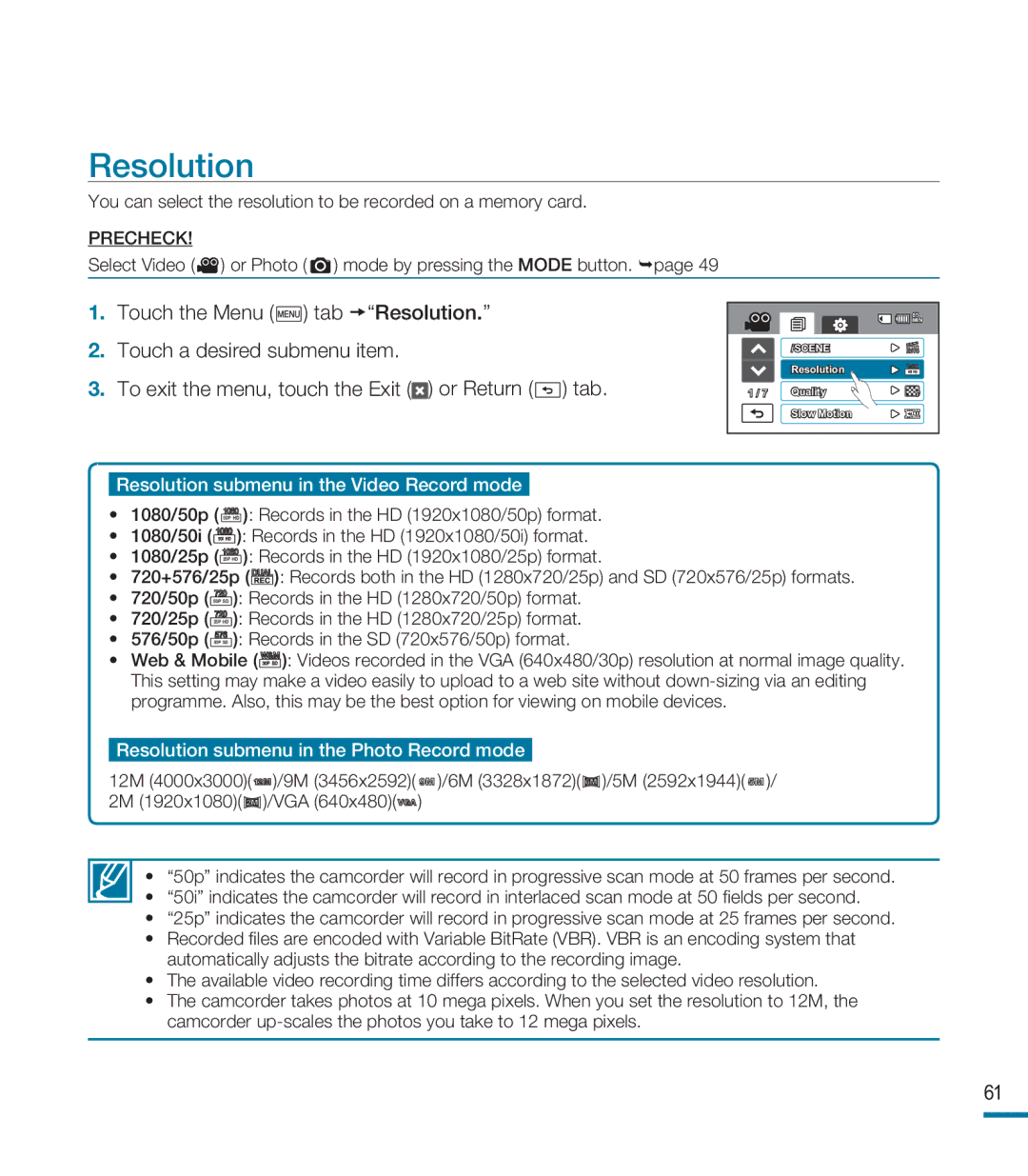 Samsung HMX-M20BP/EDC, HMX-M20SP/EDC, HMX-M20BP/XER manual Resolution submenu in the Video Record mode 