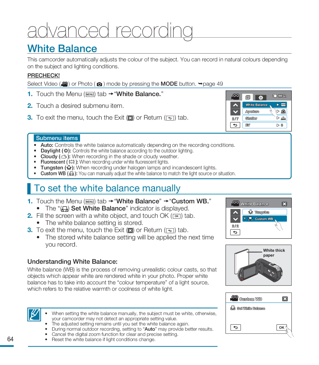 Samsung HMX-M20BP/EDC, HMX-M20SP/EDC, HMX-M20BP/XER White Balance, To set the white balance manually 