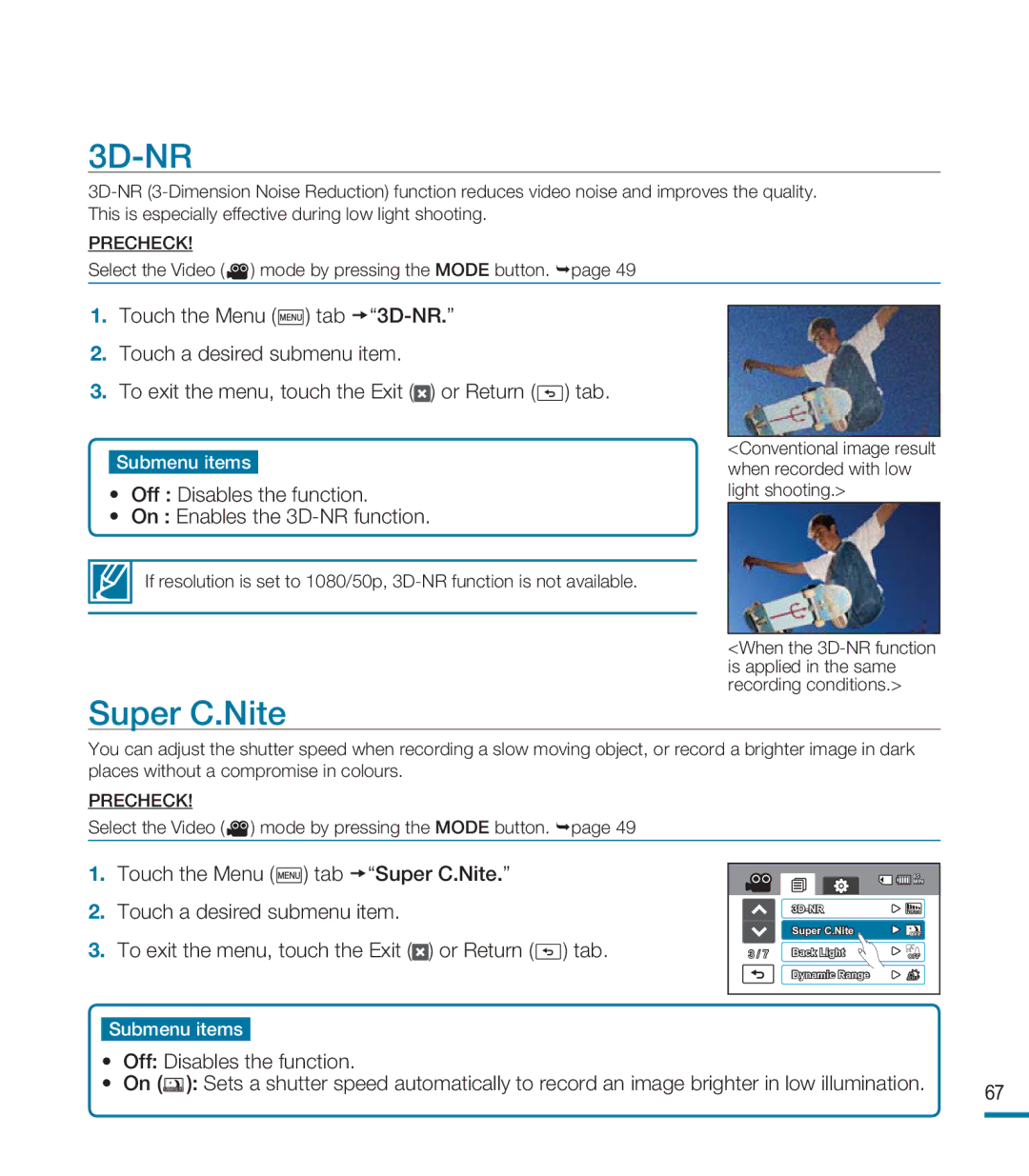 Samsung HMX-M20BP/EDC, HMX-M20SP/EDC manual Super C.Nite, Off Disables the function On Enables the 3D-NR function 