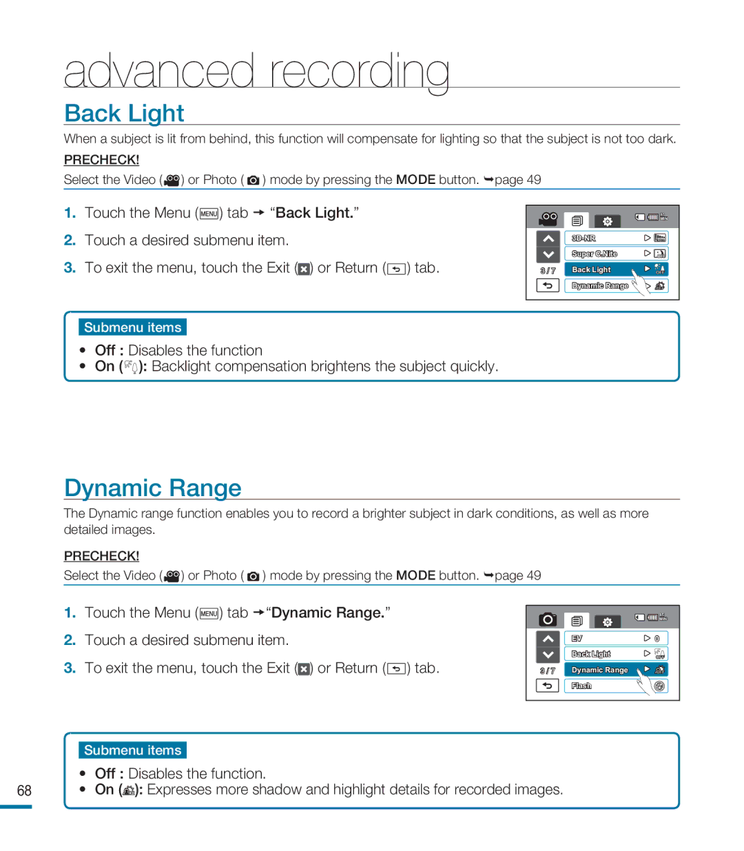 Samsung HMX-M20BP/XER, HMX-M20SP/EDC, HMX-M20BP/EDC manual Back Light, Dynamic Range 