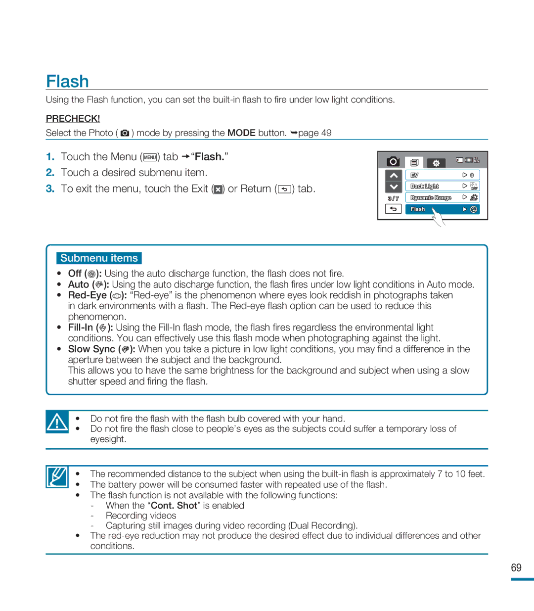 Samsung HMX-M20SP/EDC, HMX-M20BP/EDC, HMX-M20BP/XER manual Flash, Submenu items 