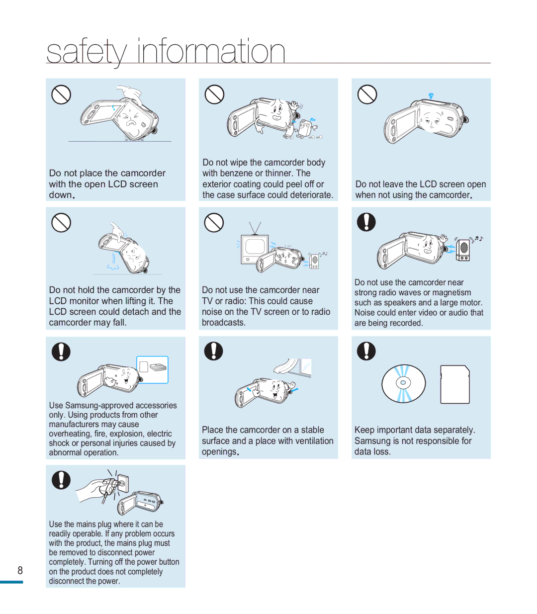 Samsung HMX-M20BP/XER, HMX-M20SP/EDC, HMX-M20BP/EDC manual Do not place the camcorder with the open LCD screen down 