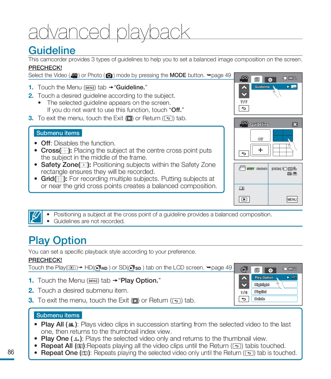 Samsung HMX-M20BP/XER, HMX-M20SP/EDC, HMX-M20BP/EDC manual Guideline, Play Option 