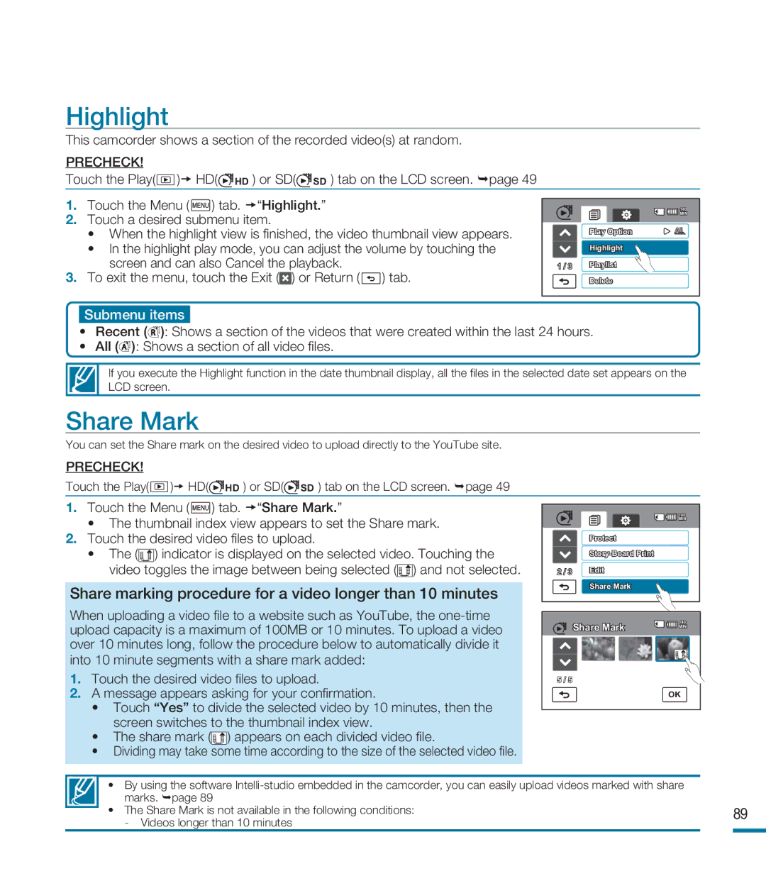 Samsung HMX-M20BP/XER, HMX-M20SP/EDC Highlight, Share Mark, Share marking procedure for a video longer than 10 minutes 