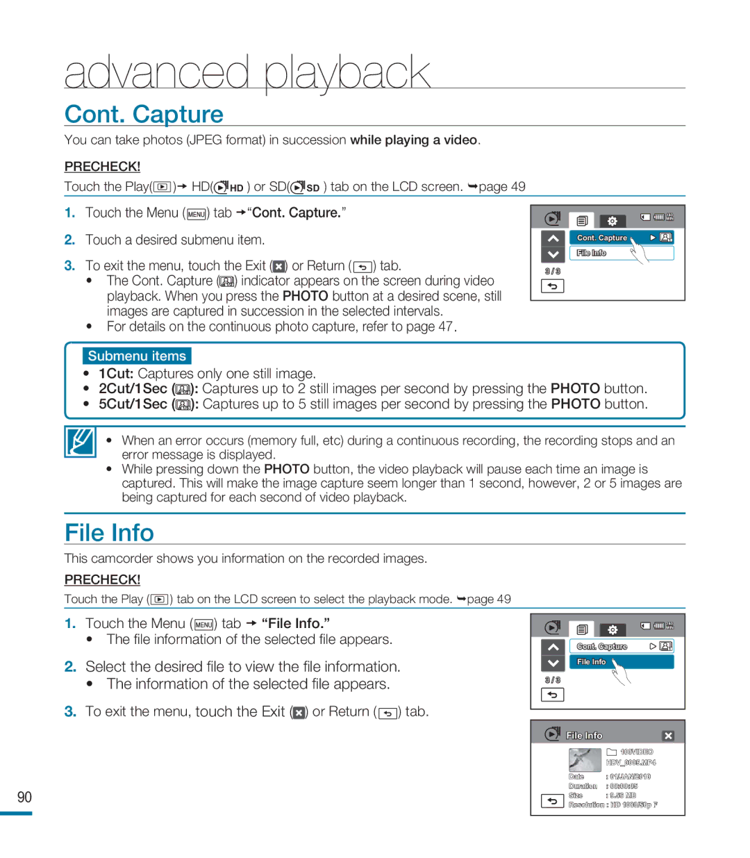 Samsung HMX-M20SP/EDC, HMX-M20BP/EDC, HMX-M20BP/XER manual Cont. Capture, File Info 