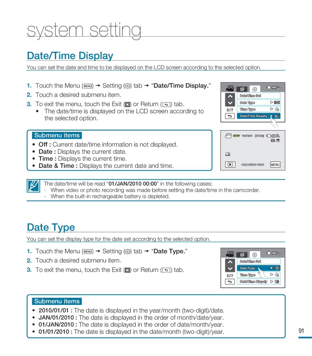 Samsung HMX-M20BP/EDC, HMX-M20SP/EDC, HMX-M20BP/XER manual Date/Time Display, Date Type 