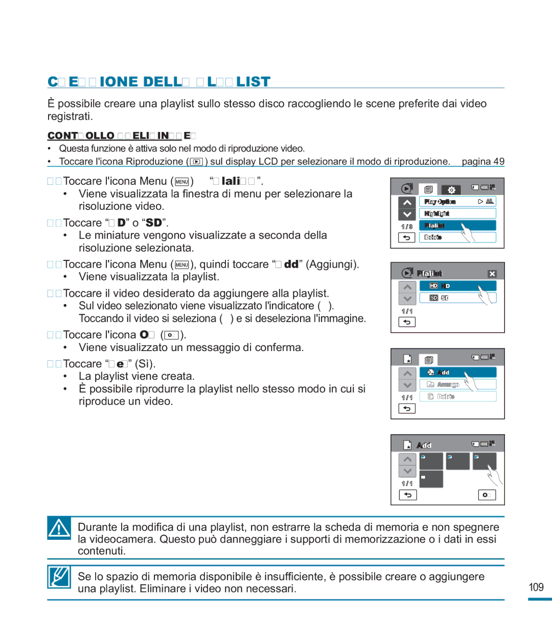 Samsung HMX-M20BP/EDC, HMX-M20SP/EDC manual Creazione Della Playlist 