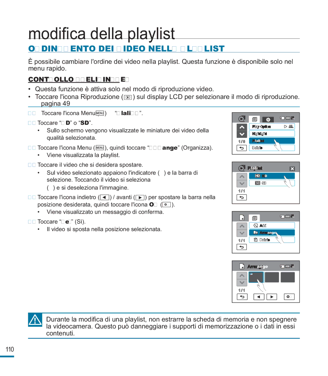 Samsung HMX-M20SP/EDC, HMX-M20BP/EDC manual Ordinamento DEI Video Nella Playlist 