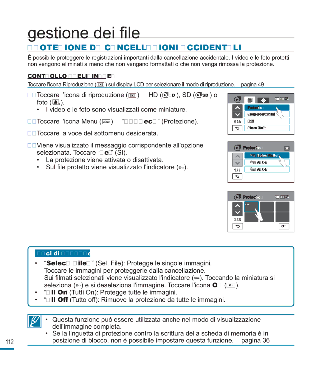 Samsung HMX-M20SP/EDC, HMX-M20BP/EDC manual Gestione dei ﬁle, Protezione DA Cancellazioni Accidentali 