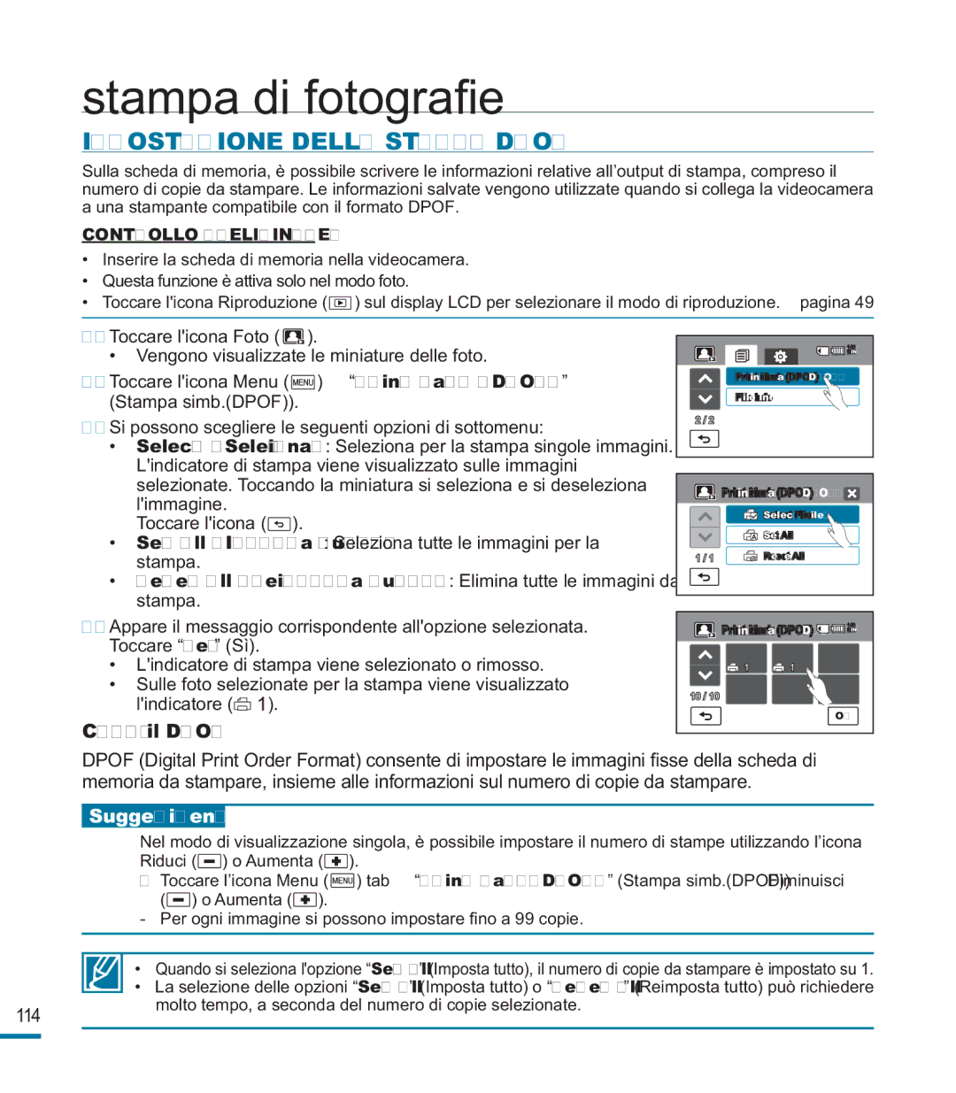 Samsung HMX-M20SP/EDC, HMX-M20BP/EDC manual Stampa di fotograﬁe, Impostazione Della Stampa Dpof, Cosè il Dpof 