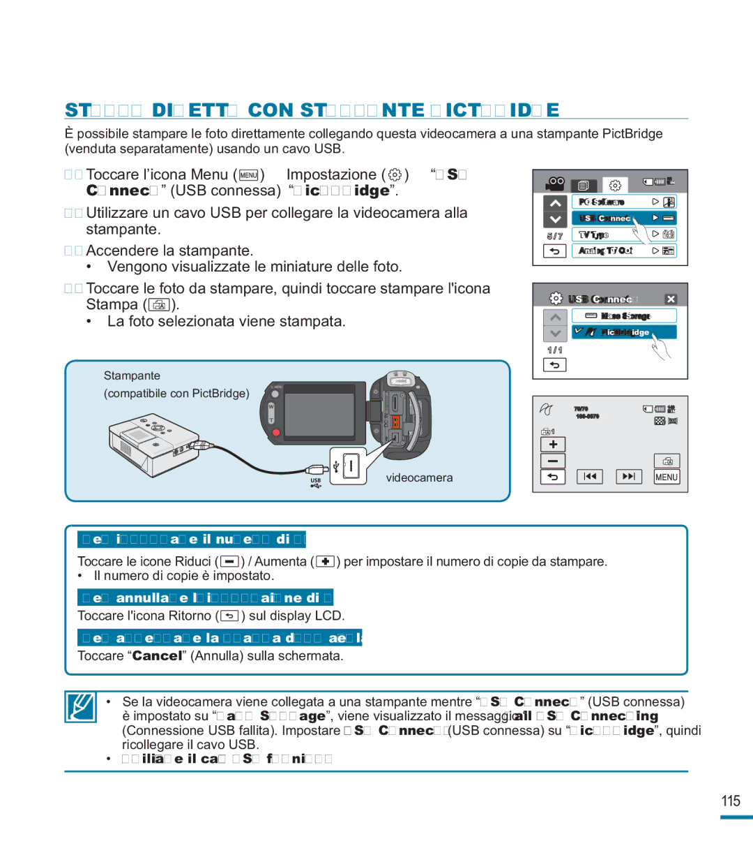 Samsung HMX-M20BP/EDC, HMX-M20SP/EDC manual Stampa Diretta CON Stampante Pictbridge, Utilizzare il cavo USB fornito 