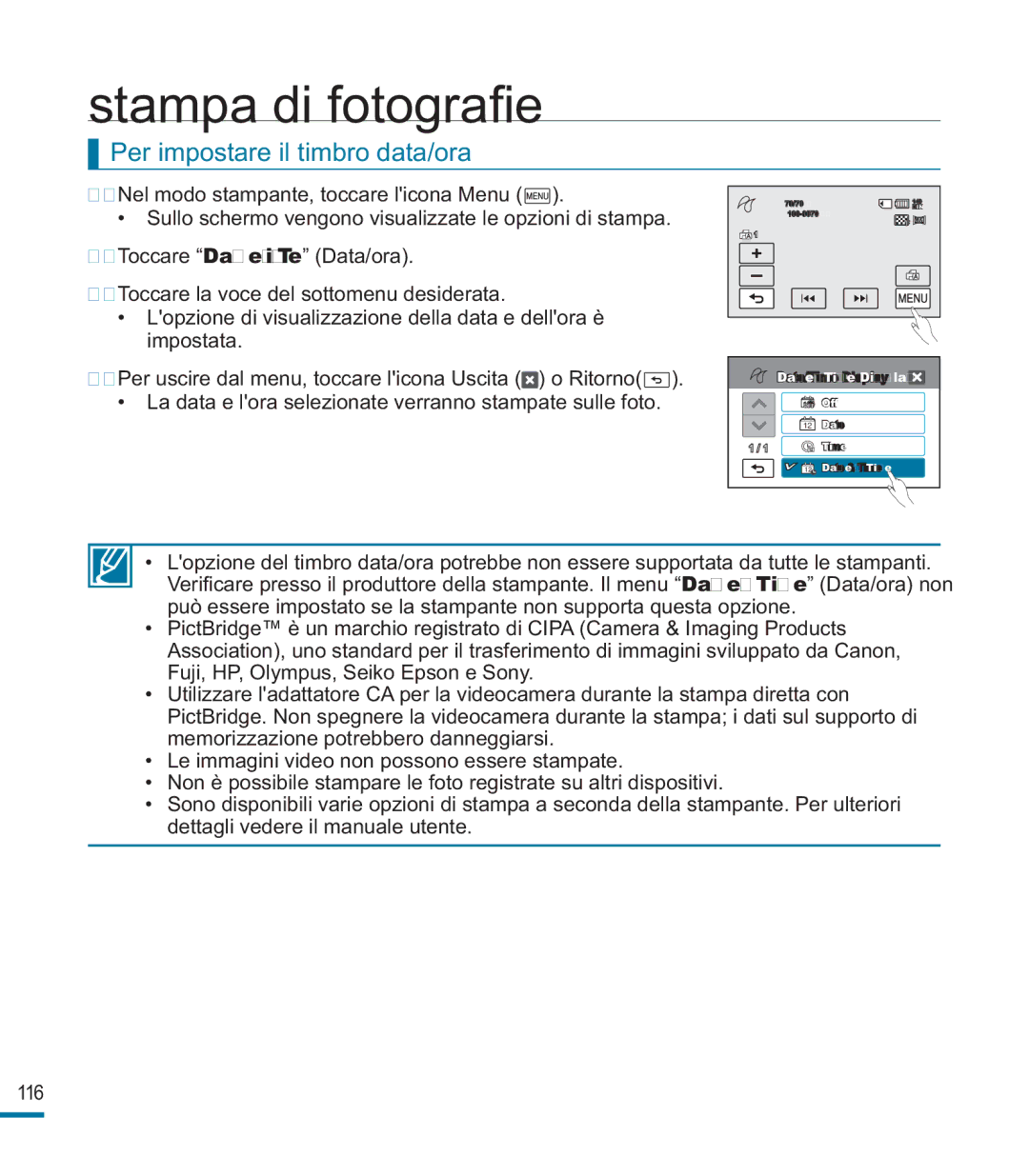 Samsung HMX-M20SP/EDC, HMX-M20BP/EDC manual Stampa di fotograﬁ e, Per impostare il timbro data/ora 