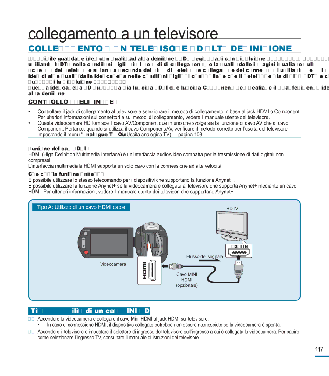 Samsung HMX-M20BP/EDC, HMX-M20SP/EDC manual Collegamento a un televisore, Collegamento a UN Televisore AD Alta Definizione 