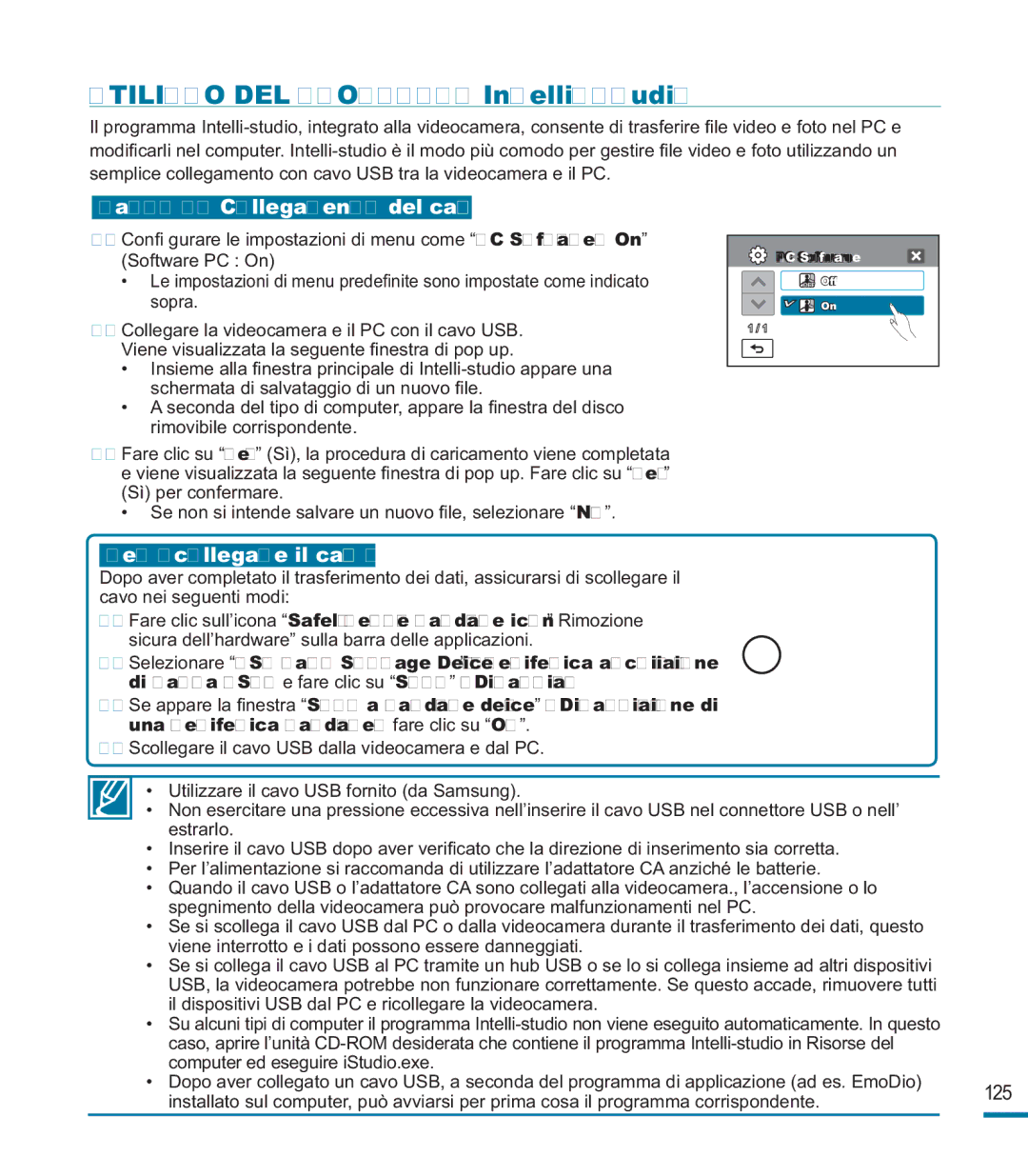 Samsung HMX-M20BP/EDC, HMX-M20SP/EDC manual Utilizzo DEL Programma Intelli-studio, Passo 1. Collegamento del cavo USB 